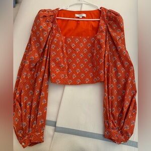 Caroline Constas Elliot Balloon Sleeve Crop Top in Red Diamond Toile